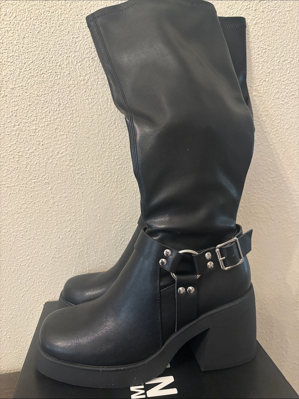 Madden NYC Women’s Black Mid-Calf Block Heel Buckle Boots